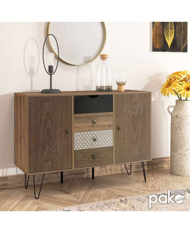 Μπουφές Boho  με τέσσερα συρτάρια καρυδί μεταλλικά πόδια 122x39,5x86εκ