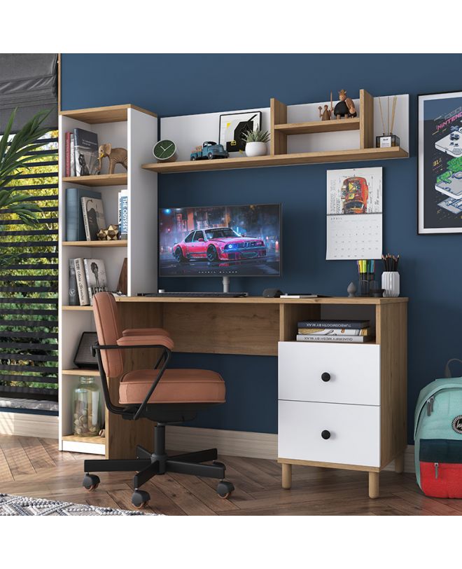 Γραφείο με βιβλιοθήκη Goldie  λευκό-φυσικό 160x50x161.8εκ
