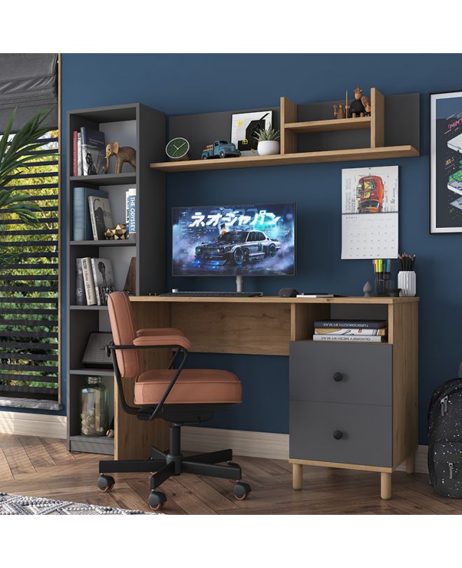 Γραφείο με βιβλιοθήκη Goldie  ανθρακί-φυσικό 160x50x161.8εκ
