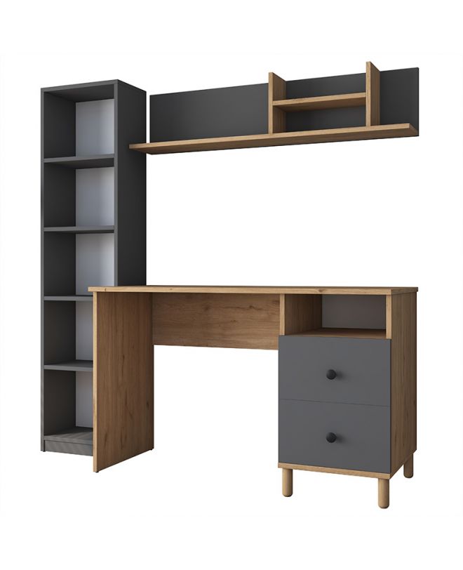 Γραφείο με βιβλιοθήκη Goldie  ανθρακί-φυσικό 160x50x161.8εκ