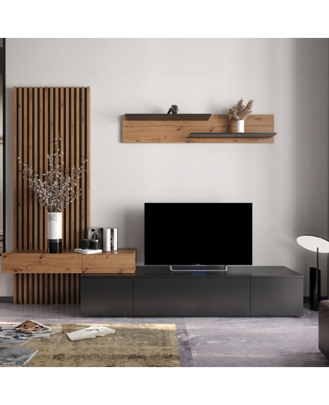Σύνθετο σαλονιού Litende  μαύρο-sonoma μελαμίνης 249.5x42x199.5εκ