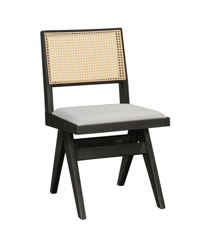 Καρέκλα Winslow  ξύλο rubberwood μαύρο-pvc rattan φυσικό-ύφασμα γκρι