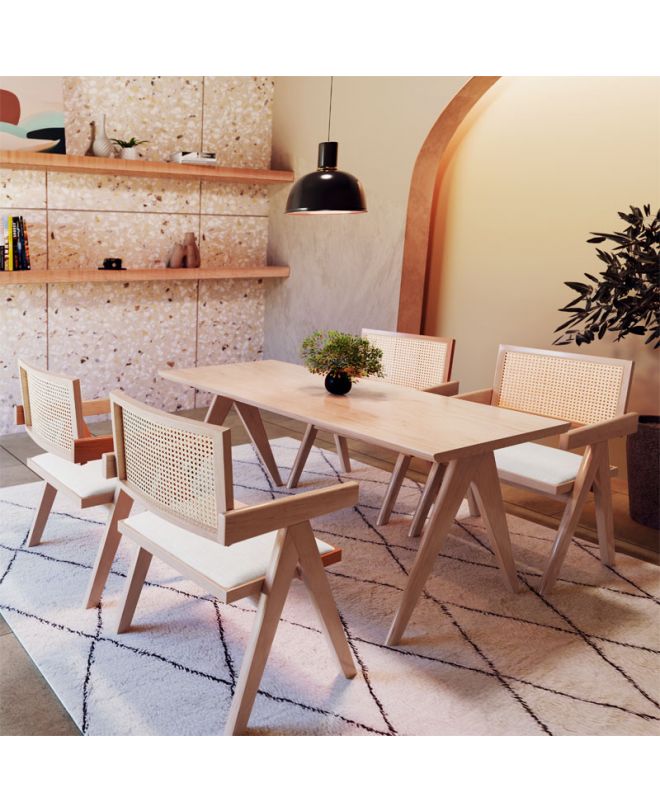Πολυθρόνα Winslow  ξύλο rubberwood ανοικτό καρυδί-pvc rattan φυσικό-ύφασμα γκρι