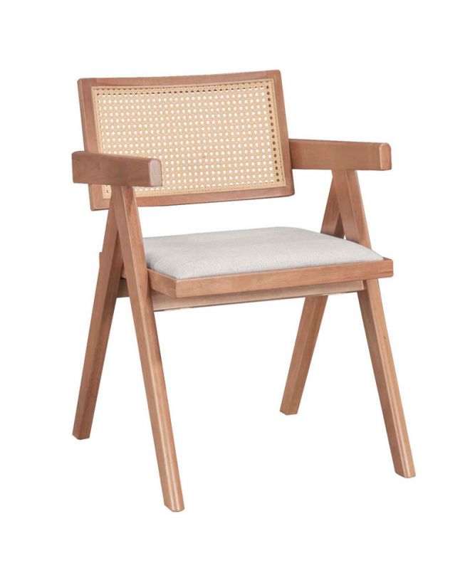 Πολυθρόνα Winslow  ξύλο rubberwood ανοικτό καρυδί-pvc rattan φυσικό-ύφασμα γκρι