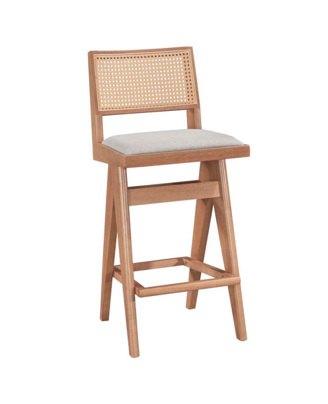 Σκαμπό bar Winslow  ξύλο rubberwood ανοικτό καρυδί-pvc rattan φυσικό-ύφασμα γκρι
