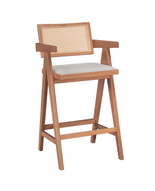 Σκαμπό bar Winslow  ξύλο rubberwood ανοικτό καρυδί-pvc rattan φυσικό-ύφασμα γκρι