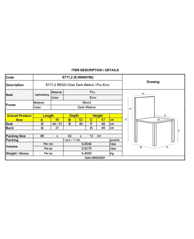 REGO Καρέκλα Οξιά Σκούρο Καρυδί, PVC Εκρού  45x52x97cm