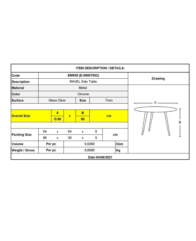RAVEL Τραπεζάκι Βοηθητικό Χρώμιο - Γυαλί Clear Tempered  Φ50cm H.58cm