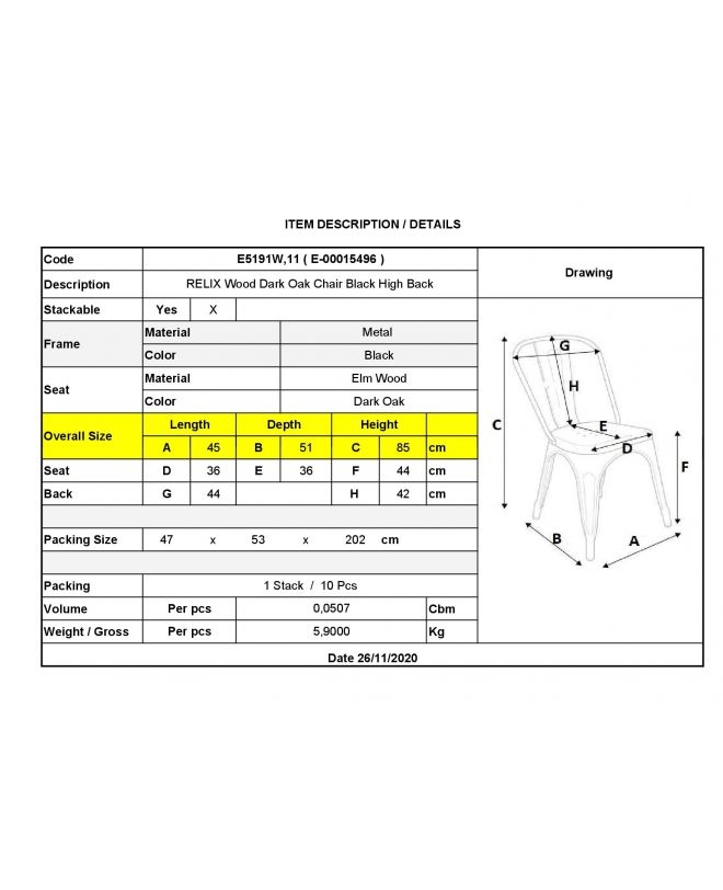 RELIX Wood Καρέκλα-Pro, Στοιβαζόμενη, Μέταλλο Βαφή Μαύρο, Κάθισμα Dark Oak  45x51x85cm