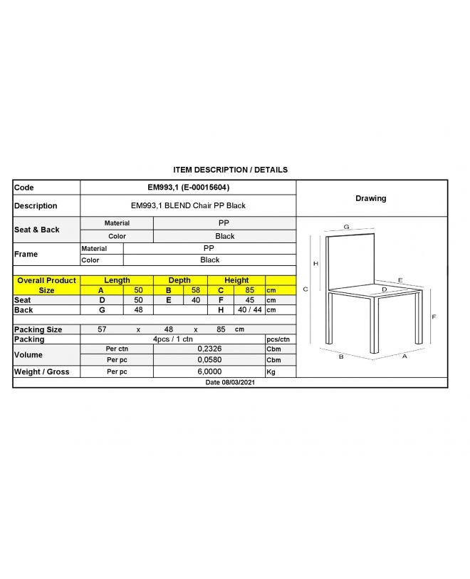 BLEND Καρέκλα Τραπεζαρίας Κουζίνας - PP Μαύρο  50x58x85cm