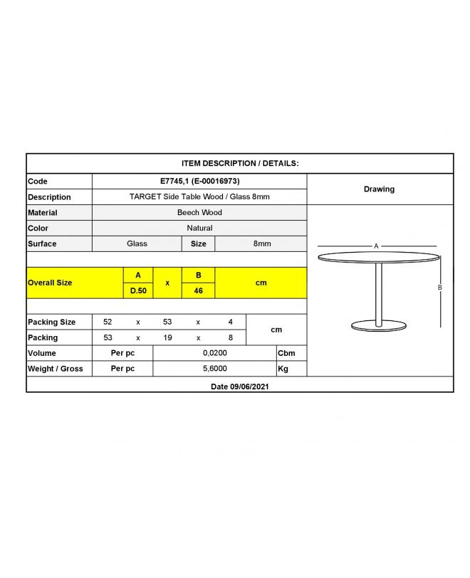 TARGET Τραπεζάκι Βοηθητικό Ξύλο - Γυαλί 8mm  Φ50cm H.46cm