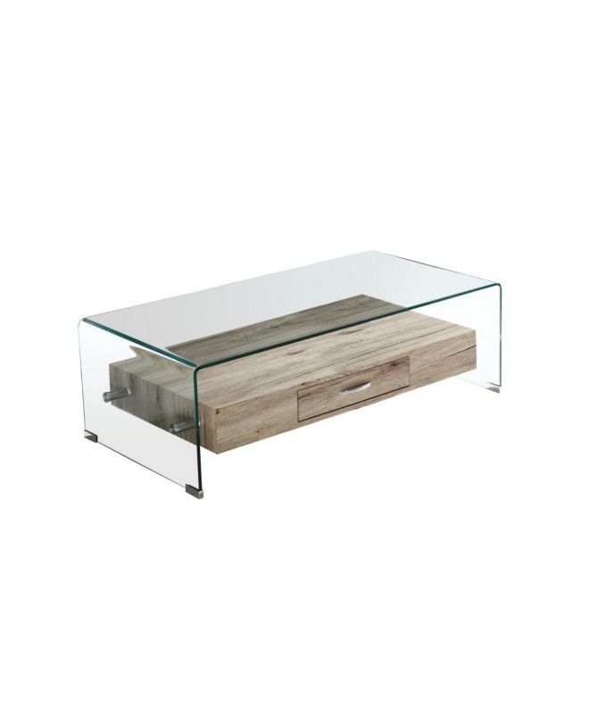 GLASSER Wood Τραπεζάκι Σαλονιού Γυαλί 12mm - Ράφι με Συρτάρι Απόχρωση Δρυς  110x55x35cm