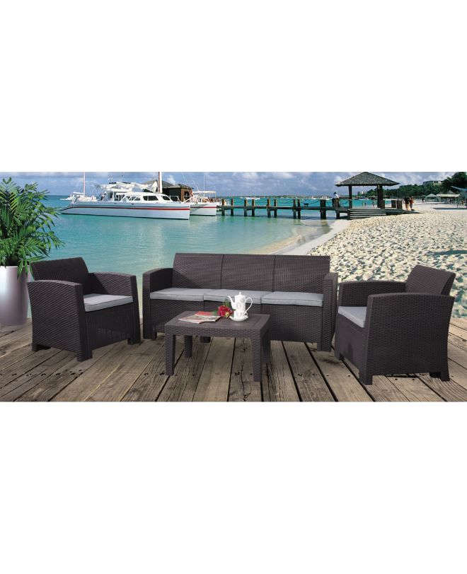 SAVANNA Set Σαλόνι Κήπου Βεράντας K/D, PP-UV Καφέ Μαξιλάρια Grey-White  Table+Sofa 3Seater+2 Armchairs