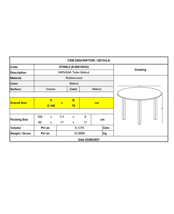 NIRVANA Τραπέζι Τραπεζαρίας Κουζίνας, Καρυδί  Φ106 x75cm