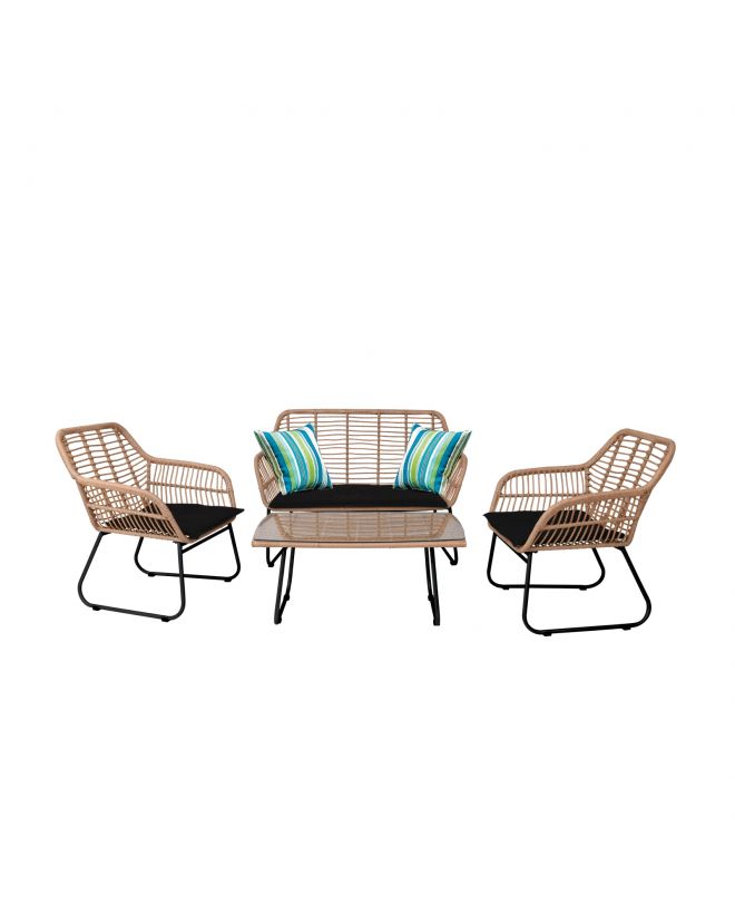 SALSA Set Σαλόνι Κήπου Μέταλλο Μαύρο, Wicker Φυσικό: Τραπέζι + Καναπέ 2Θέσιο + 2 Πολυθρόνες  94x56x44-120x70x86-67x71x83cm