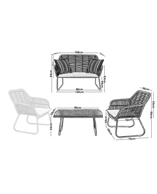 SALSA Set Σαλόνι Κήπου Μέταλλο Μαύρο, Wicker Φυσικό: Τραπέζι + Καναπέ 2Θέσιο + 2 Πολυθρόνες  94x56x44-120x70x86-67x71x83cm