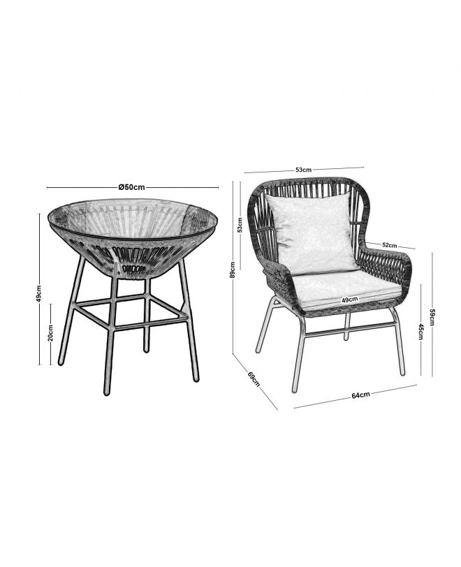 SALSA MAX Set Κήπου - Βεράντας Μέταλλο Βαφή Μαύρο, Wicker Φυσικό: Τραπεζάκι+2 Πολυθρόνες  TableΦ50x49 Armchair64x69x89cm