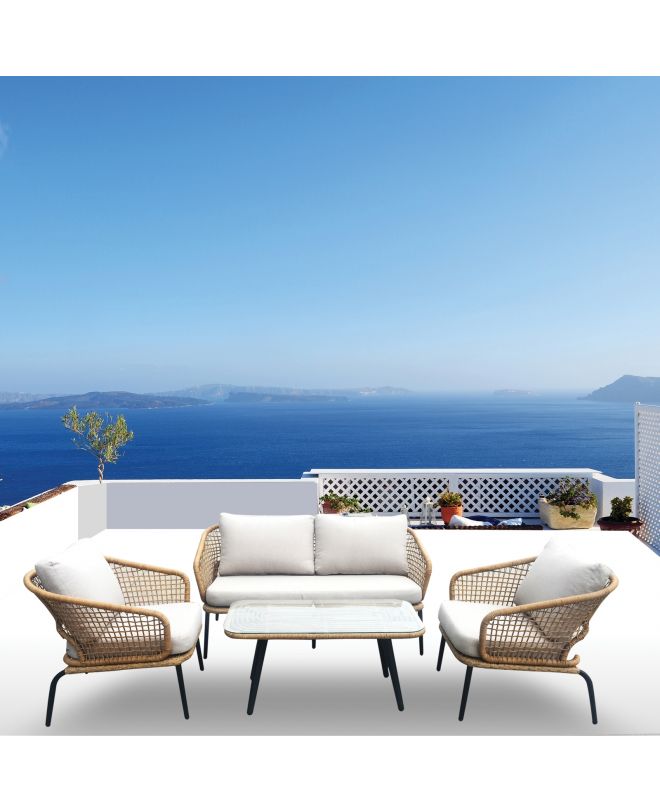SALSA Plus Set Σαλόνι Κήπου ALU Μαύρο-Γυαλί-Wicker Φυσικό: Τραπέζι+2 Θέσιος+2 Πολυθρόνες  110x55x44-149x74x71-71x71x71cm