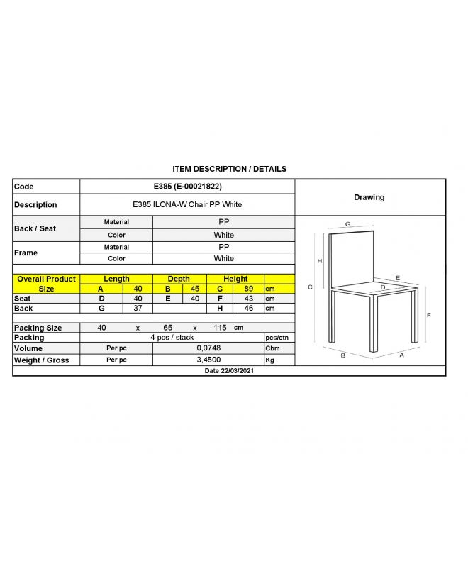 ILONA PP Καρέκλα Εστίασης - Catering Στοιβαζόμενη PP Άσπρο  40x46x88cm