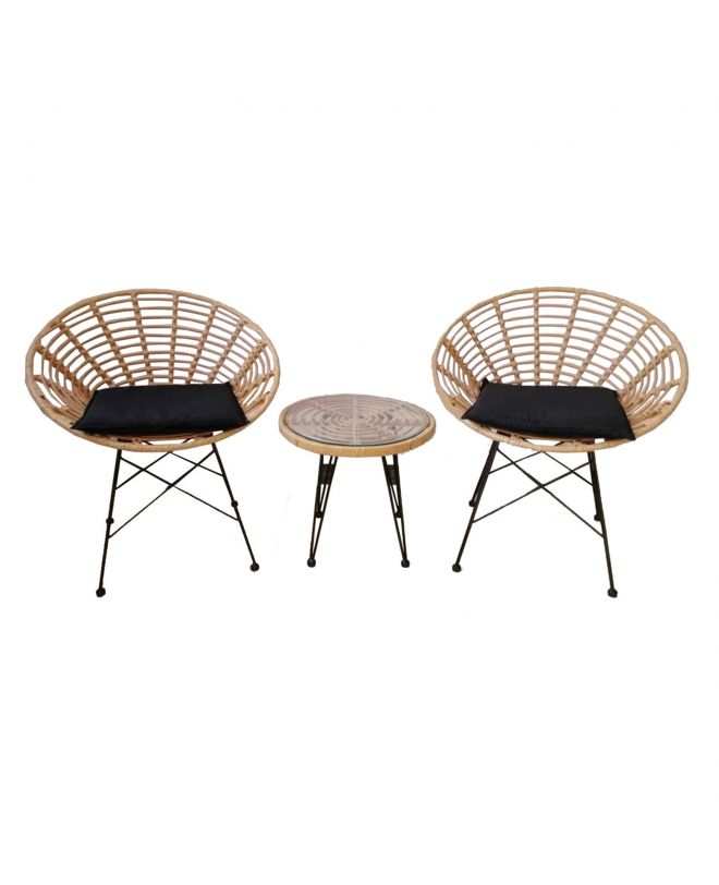 SALSA Coral Coffee Set Κήπου Μέταλλο Μαύρο - Γυαλί - Wicker Φυσικό: Τραπεζάκι+2 Πολυθρόνες  TableΦ50x44 Armchair72x62x81cm