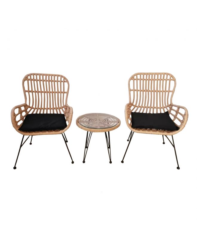 SALSA Duo Set Καθιστικό Κήπου Μέταλλο Μαύρο - Γυαλί - Wicker Φυσικό: Τραπεζάκι+2 Πολυθρόνες  TableΦ50x44 Armchair58x62x95cm