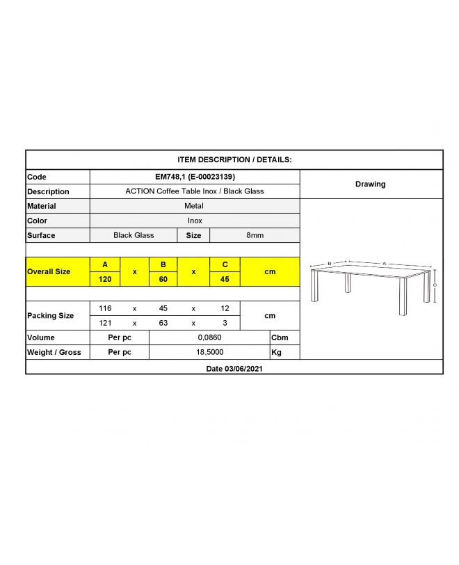 ACTION Τραπεζάκι Σαλονιού - Καθιστικού 120x60cm Inox - Μαυρό Γυαλί 8mm  120x60x45cm