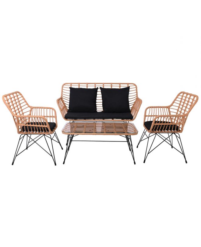 SALSA MAX Living Set Κήπου 4 τεμαχίων, Μέταλλο Βαφή Μαύρο, Wicker Φυσικό, Μαξιλάρια Μαύρο  106x55x45-147x70x105-65x67x96