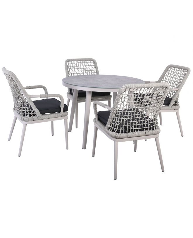 CENTRAL Set Τραπεζαρία Κήπου ALU & Rope Grey-Μαξιλ.Ανθρακί: Τραπέζι Φ100cm + 4 Πολυθρόνες  Table:Φ100x75 Chair:61x65x90cm
