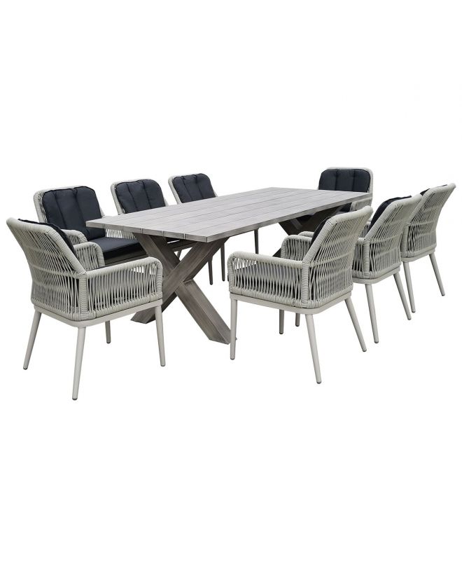 ALLEY Set Τραπεζαρία Κήπου ALU & Rope Grey-Μαξιλ.Ανθρακί: Τραπέζι 220x94 + 8 Πολυθρόνες  Τραπ:220x94x72 Πολ:62x64x85cm