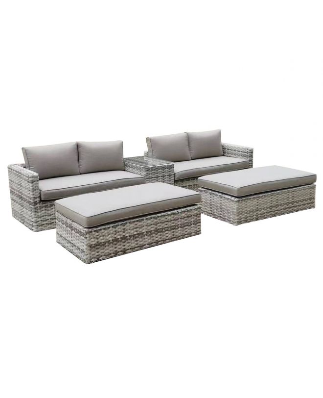 ASCOT Set Wicker Alu, Καναπές 4Θέσιος+2 σκαμπό+Τραπεζάκι, Wicker Grey White,  Μαξιλ.Μπεζ  Table:75x43x52cm Set 6 Seats