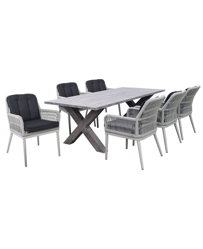 ALLEY Set Τραπεζαρία Κήπου ALU & Rope Grey-Μαξιλ.Ανθρακί: Τραπέζι 180x94 + 6 Πολυθρόνες  Τραπ:180x94x72 Πολ:62x64x85cm