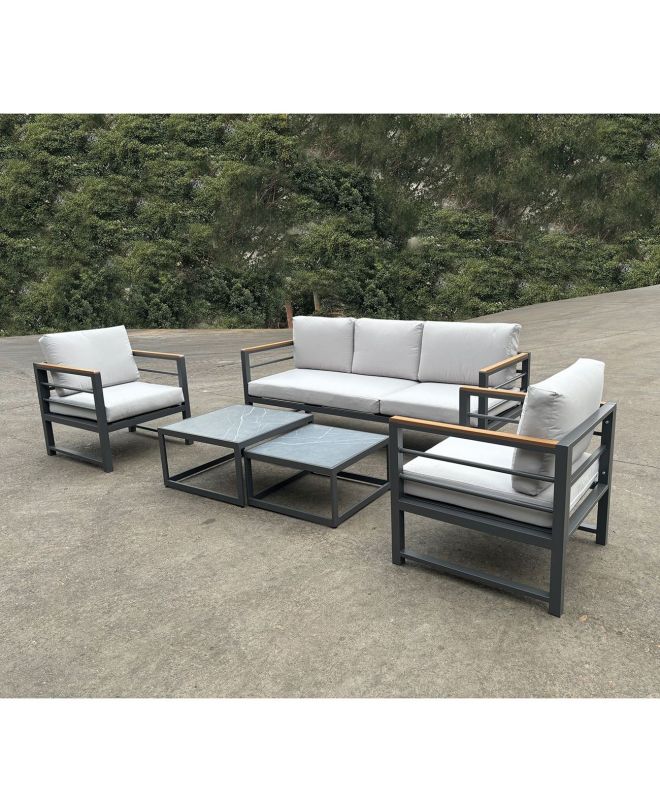 MARILIAN Set Σαλόνι Κήπου, 5τεμ, Μέταλλο Βαφή Ανθρακί, Μαξιλάρια Γκρι  2 Πολυθρ+1 Καναπ+2 Τραπεζάκια