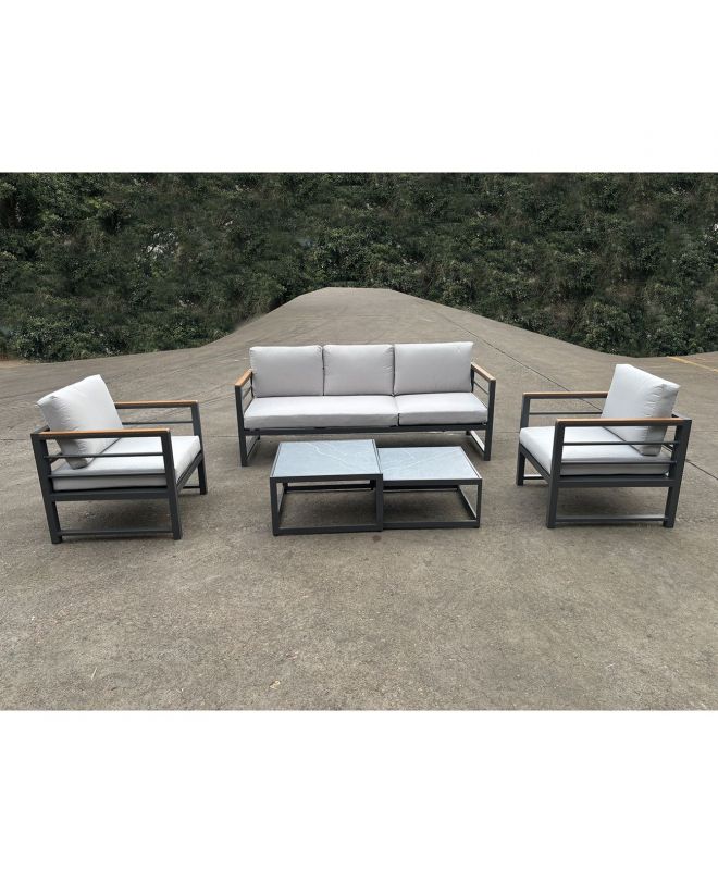 MARILIAN Set Σαλόνι Κήπου, 5τεμ, Μέταλλο Βαφή Ανθρακί, Μαξιλάρια Γκρι  2 Πολυθρ+1 Καναπ+2 Τραπεζάκια