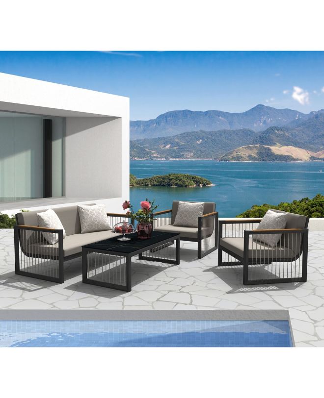 CORDOBA Set Καθιστικό ALU Ανθρακί: Καναπές+2 Πολυθρόνες+ Τραπεζάκι, Μαξιλάρια Μπεζ  147x78x70-80x78x70-120x60x40cm