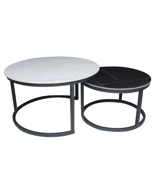TERRY Set2 Τραπεζάκια Σαλονιού , Μέταλλο Βαφή Μαύρο, Sintered Stone White-Black Marble  Φ.80 H.48cm + Φ.60 H.40cm