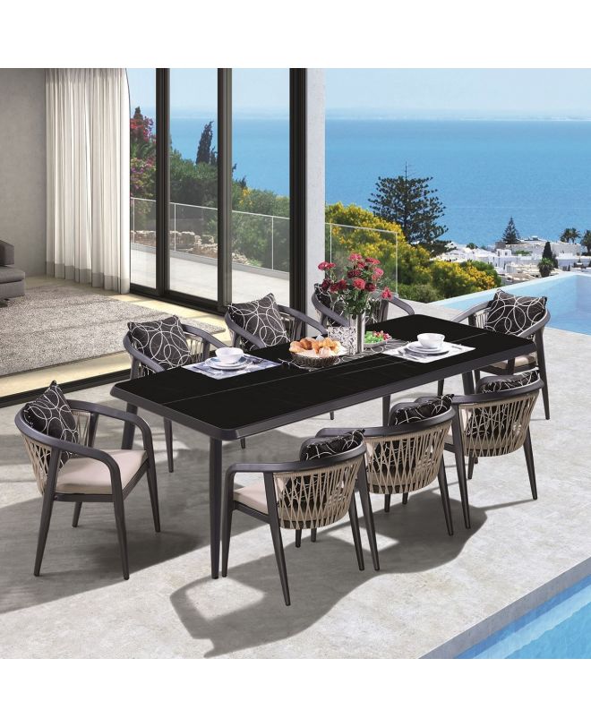 JARDIN Τραπεζαρία ALU Ανθρακί, HPL Μαύρο, Rope Μπεζ: Τραπέζι + 8 Πολυθρόνες με Μαξιλάρια  Table:220x100x75 Chair63x62x77